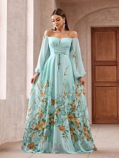 Women's Floral Printed Off Shoulder Lantern Sleeve Criss-Cross Cinched Waist A-Line Maxi Formal Dress Elegant Long Sleeve Prom Wedding Guest Gown, For Graduation, Dinner, Christmas Green   Long Sleeve Polyester Floral,Plants A Line Non-Stretch  Weddings & Events, size features are:Bust: ,Length: ,Sleeve Length: Wedding Guest Gowns, Dress Elegant Long, Strap Maxi Dress, Dresses Formal Elegant, Long Sleeve Prom, Women's Evening Dresses, Women Formals, Maxi Dress Evening, Prom Wedding