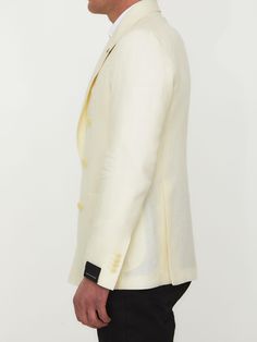 Double-breasted jacket in cream-colored linen and virgin wool. It features peaked lapels with brooch, front six-button closure, two front patch pockets, a welt pocket on chest and buttoned cuffs. The model is 184cm tall and wears size IT 50.  Size nationality: IT  Product number: 31934308  Product code: 1SMC20K520090X3124  Composition: 60% linen, 40% virgin wool Double Breasted Jacket, Double Breasted Blazer, Dress With Cardigan, Clothes Collection, Cardigan Jacket, Welt Pocket, Blazer Suit, Double Breasted, The Model