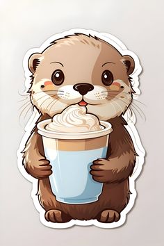 an otter holding a cup of coffee with its paws on it's face and looking at the camera