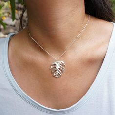 Monstera Necklace Large (Sterling Silver) - Debby Sato Designs Monstera Necklace, Native Hawaiian Plants, Sterling Silver Leaf Necklace, Plant Necklace, Hawaiian Plants, Monstera Earrings, Tropical Earrings, Tropical Jewelry, Plant Jewelry