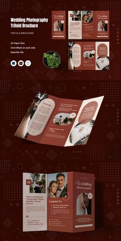 the wedding photography trifold brochure is shown in red and white colors, with an elegant design