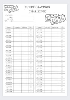 the printable 52 week savings challenge is shown in black and white with money on it