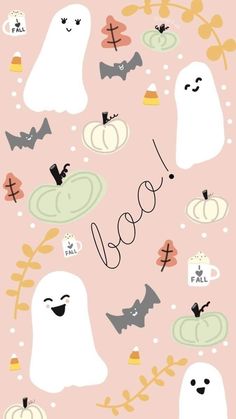 a pink background with ghost and pumpkins on it