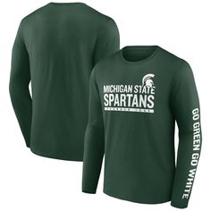 michigan state spartans green long sleeve t - shirt with white lettering on the chest