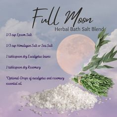 Recipe how to make herbal bath salt for full moon ritual Zodiac Bath Salts, Full Moon Bath Ritual, Witch Basics, Hello Witchling, African Astrology, Salt Ritual, Herbal Bath Recipes