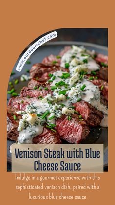 steak with blue cheese sauce served on a platter for an appetizer or dinner