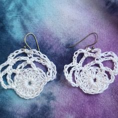 Boho Handcrafted Crochet Floral Earrings Designed And Made By Found Things Art White Festival Earrings For Pierced Ears, Elegant White Crochet Lace Jewelry, White Crochet Dangle Earrings, White Macrame Dangle Jewelry, Handmade White Bohemian Earrings, White Handmade Bohemian Earrings, Handmade White Earrings For Festival, White Round Bohemian Earrings, Unique White Festival Earrings