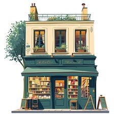 an illustration of a store front with books on the windows