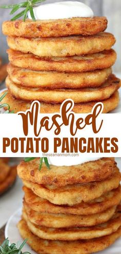 mashed potato pancakes are stacked on top of each other and topped with cream cheese