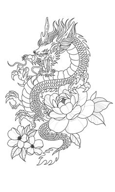 a dragon and flowers tattoo design