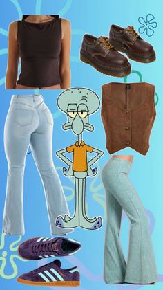 a woman wearing white pants and brown tank top next to blue background with an image of a cartoon character