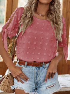 Watermelon Pink Casual  Short Sleeve Polyester Plain Top Embellished Non-Stretch Summer Women Tops, Blouses & Tee Split Sleeve, Women Tops, New Outfits, Summer Women, Casual Shorts, Bell Sleeve Top