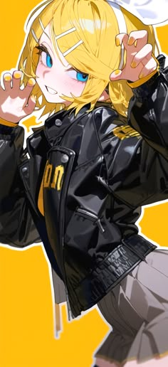 an anime character with blonde hair and blue eyes wearing a black leather jacket, holding her hands behind her head