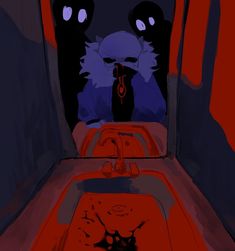 an animated image of two cats sitting in the back of a car with blood on the floor