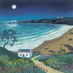 a painting of a house by the ocean with flowers on the ground and a full moon in the sky