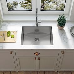 a kitchen sink sitting under a window next to a cutting board and potted plant