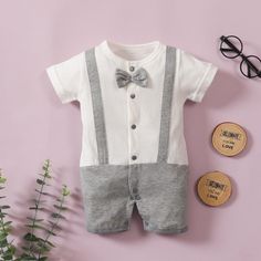 Baby Boy Gentleman Romper - PrettyKid Gray Playwear Sets For Summer, White Short Sleeve Summer Onesie, Gray Short Sleeve Summer Set, Summer Gray Short Sleeve Sets, Gray Summer Playwear For Babies, Rompers For Kids, Wholesale Dress, Care Label