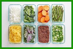 six plastic containers filled with different types of vegetables