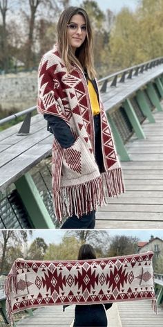 a woman is standing on a bridge wearing a red and white shawl with fringes