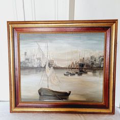 an oil painting of a boat in the water