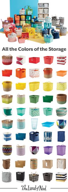 all the colors of the storage bins are shown in different sizes and shapes,