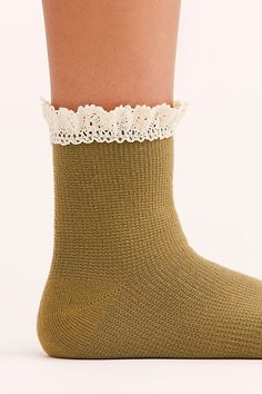 Super sweet and forever femme, these waffle socks can dress up any look. **Fit:** Short crew length **Features:** A soft, textured waffle knit fabrication, and dainty crochet lace **Why We | Beloved Waffle Knit Ankle Socks by Free People in Green Knit Ankle Socks, Dainty Crochet, Lace Ruffle, Super Sweet, Ankle Socks, Waffle Knit, Crochet Lace, Workout Shorts, Boho Outfits