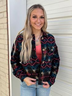 Introducing the Log Cabin Shacket; a luxurious and unique piece, crafted from a beautiful aztec fabric with a subtle pink, blue and cream color pattern. This slightly cropped jacket offers two looks in one; perfect for styling as a shirt or jacket, this piece provides maximum versatility and immaculate southwestern style. True to size Aztec Fabric, Southwestern Style, Cropped Jacket, Log Cabin, Color Patterns, Cream Color, Unique Pieces, Pink Blue, Coats Jackets