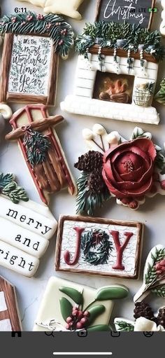 christmas cookies are arranged on top of each other with the words merry and bright written below them