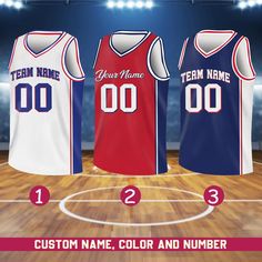 three basketball jerseys on a court with the name and number customize to match your team