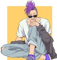 a man with purple hair sitting on the ground