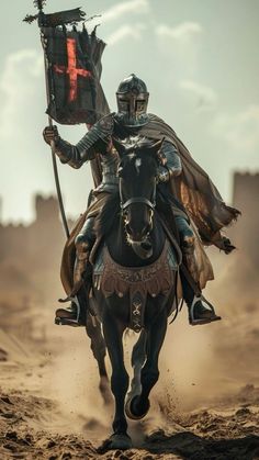 a man in armor riding on the back of a black horse holding a flag and shield