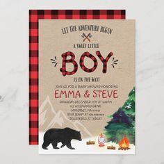 a boy is on the way baby showering card with a bear and christmas tree