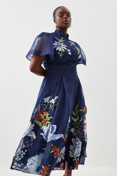 Romantic Modernity Defines This Midi Dress, Embroidered With Intricate Botanical Motifs That Call For Matching Colour-Pop Stilettos And Red Lips For A Refined Take On After-Dark Dress Codes. This Style Has A Silhouette-Enhancing Fitted High Neck Bodice And An A-Line Skirt.High Neckbuttoned Bodicefitted Waista-Line Skirtexpertly Designed For Those Size 18 And Above, Our Plus Size Clothing Collection Is Perfectly Proportioned To Ensure You Look Stylish At Every Shape. Mother Of The Bride Plus Size, Bride Plus Size, Botanical Embroidery, Botanical Motifs, Dark Dress, Colour Pop, Navy Midi Dress, Karen Millen, Plus Dresses