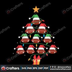 christmas tree with footballs and santa hats on it