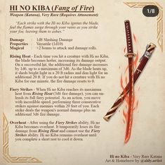 an advertisement with two knives and fire on it's back side, which reads hi no kiba king of fire