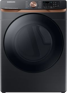 the front view of a black samsung washing machine with copper accents on it's side