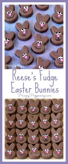 some chocolate covered cookies with faces on them and the words reese's fudge easter bunnies