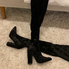 Beautiful Thigh High Suede Black Boots, Never Worn. Black Over-the-knee Winter Boots, Trendy Heeled Boots For Winter Night Out, Tall Black Knee-high Boots With High Heel, Black Knee-high Boots With High Heel, Black Knee-high Heeled Boots For Fall, Tall Fit Black Knee-high Boots With High Heels, Edgy Black Knee-high Boots For Party, Fitted Black Knee-high Boots For Night Out, Edgy Fall Knee-high Boots With Block Heel