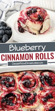 blueberry cinnamon rolls in a white baking dish with fresh berries on the side and text overlay that reads, blueberry cinnamon rolls