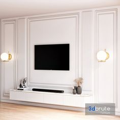 a flat screen tv mounted to the side of a white wall in a living room