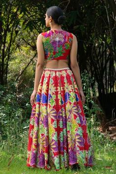 Shop for Saksham Neharicka Red Viscose Dupion Floral Print Lehenga Set for Women Online at Aza Fashions Floral Print Lehenga, Pearl Border, Embroidered Tree, Print Lehenga, Blouse Yoke, Printed Lehenga, Floral Lehenga, Print Embroidery, Lehenga Skirt