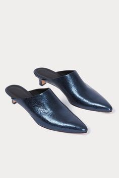 Minimalist mules with a pointed toe and low kitten heel in a metallic finish. 100% Leather 35mm Heel Made in Peru Christian Wijnants, Raquel Allegra, Dark Indigo, Rachel Comey, Dress Jewelry, Kitten Heel, Accessories Shop, Mule, Peru