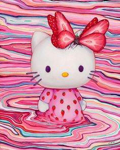 a hello kitty doll floating in the water with strawberrys on her head and wings