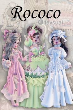 three dolls are standing next to each other with the words roco on it's side