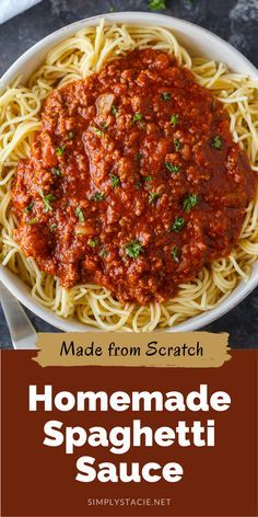 homemade spaghetti sauce in a bowl with the title above it