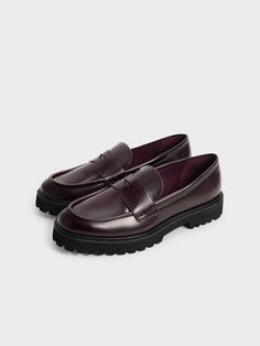 Burgundy Chunky Penny Loafers Modern Platform Loafers With Brogue Detailing For Office, Modern Brogue Platform Loafers For Office, Business Casual Slip-on Platform Loafers With Brogue Detailing, Modern Platform Loafers With Brogue Detailing For Business, Elegant Business Casual Loafers With Lug Sole, Semi-formal Flat Heel Loafers For Fall, Elegant Workwear Moccasins With Lug Sole, Office Slip-ons With Lug Sole, Formal Lug Sole Moccasins For Fall