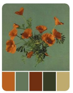 a vase filled with orange flowers on top of a green table next to color swatches