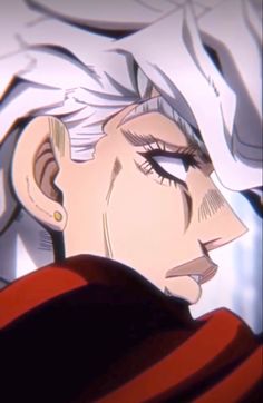 an anime character with white hair and black eyes looking to his left, wearing a red cape