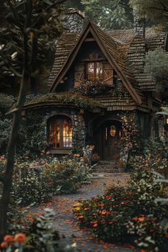 an image of a house in the woods with flowers and trees around it at night