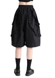 Unique Black High Waist Ruffled Summer Tie Waist Hot Pants - SooLinen Black Ruffled Bottoms For Spring, Black Bottoms With Ruffles For Spring, Black Summer Culottes With Pockets, Casual Black Cotton Culottes, Black Cotton Casual Culottes, Baggy Knee-length Summer Pants, Black High-waist Culottes With Pockets, High Waist Black Culottes With Pockets, High Waist Cotton Pants With Ruffles